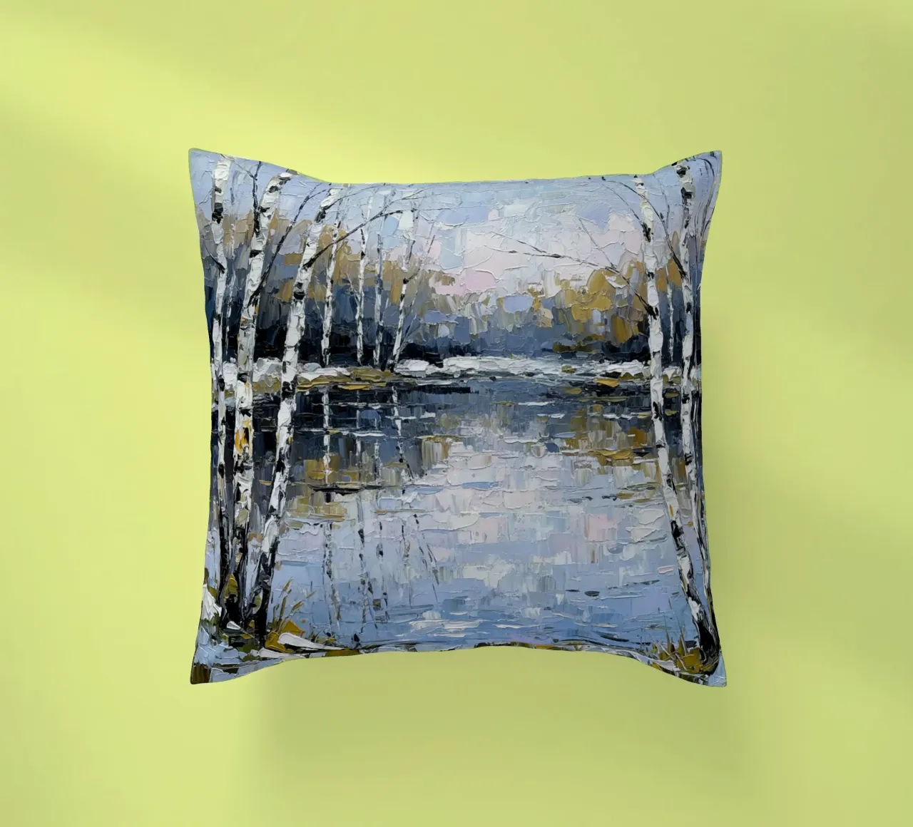 L'abbraccio dell'inverno: Un sereno bosco di betulle riflesso cuscino da Artistic-shop