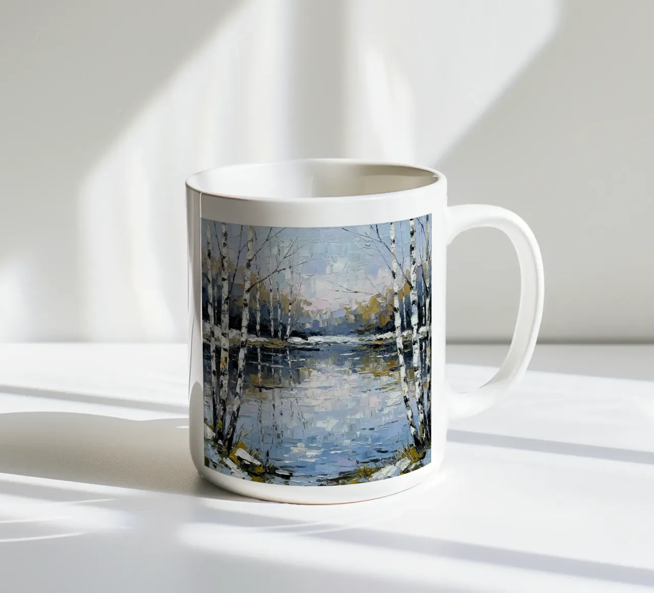 L'abbraccio dell'inverno: Un sereno bosco di betulle riflesso tazza in ceramica da Artistic-shop