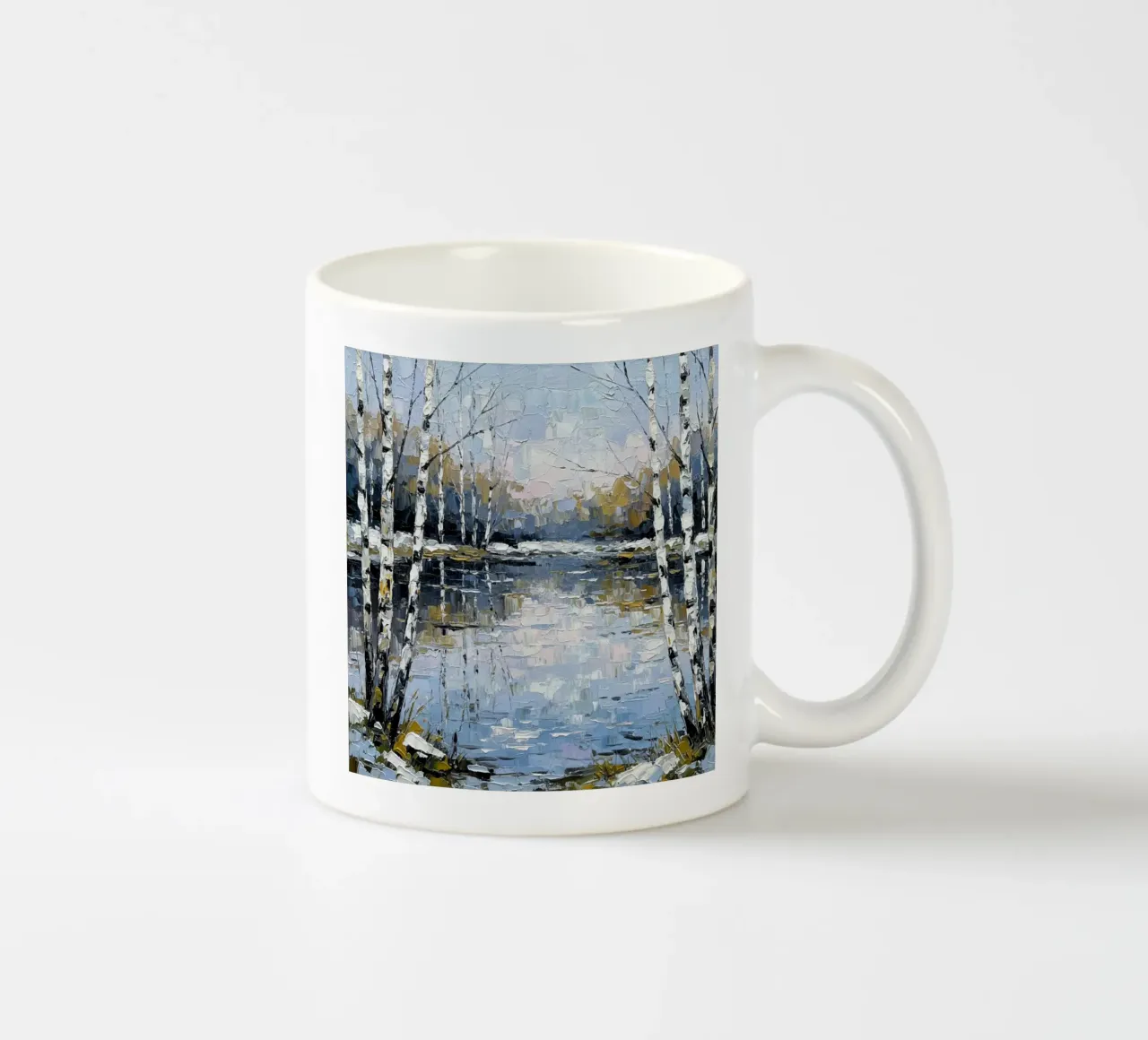 L'abbraccio dell'inverno: Un sereno bosco di betulle riflesso tazza in ceramica da Artistic-shop
