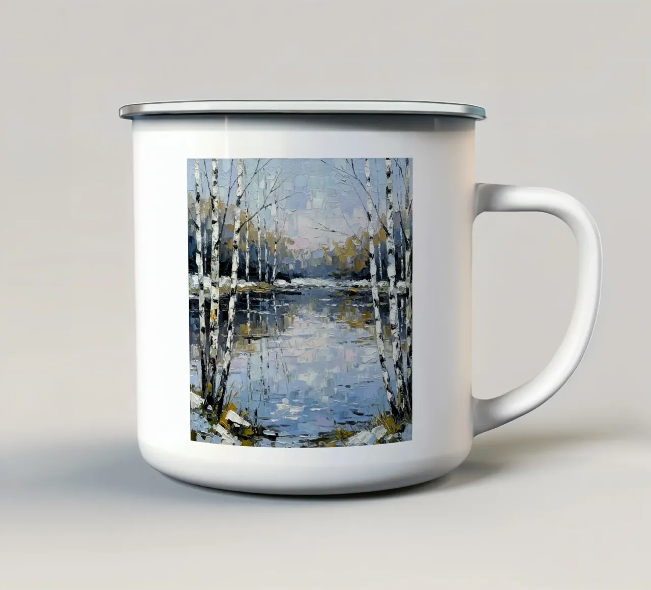 L'abbraccio dell'inverno: Un sereno bosco di betulle riflesso tazza in smalto da Artistic-shop