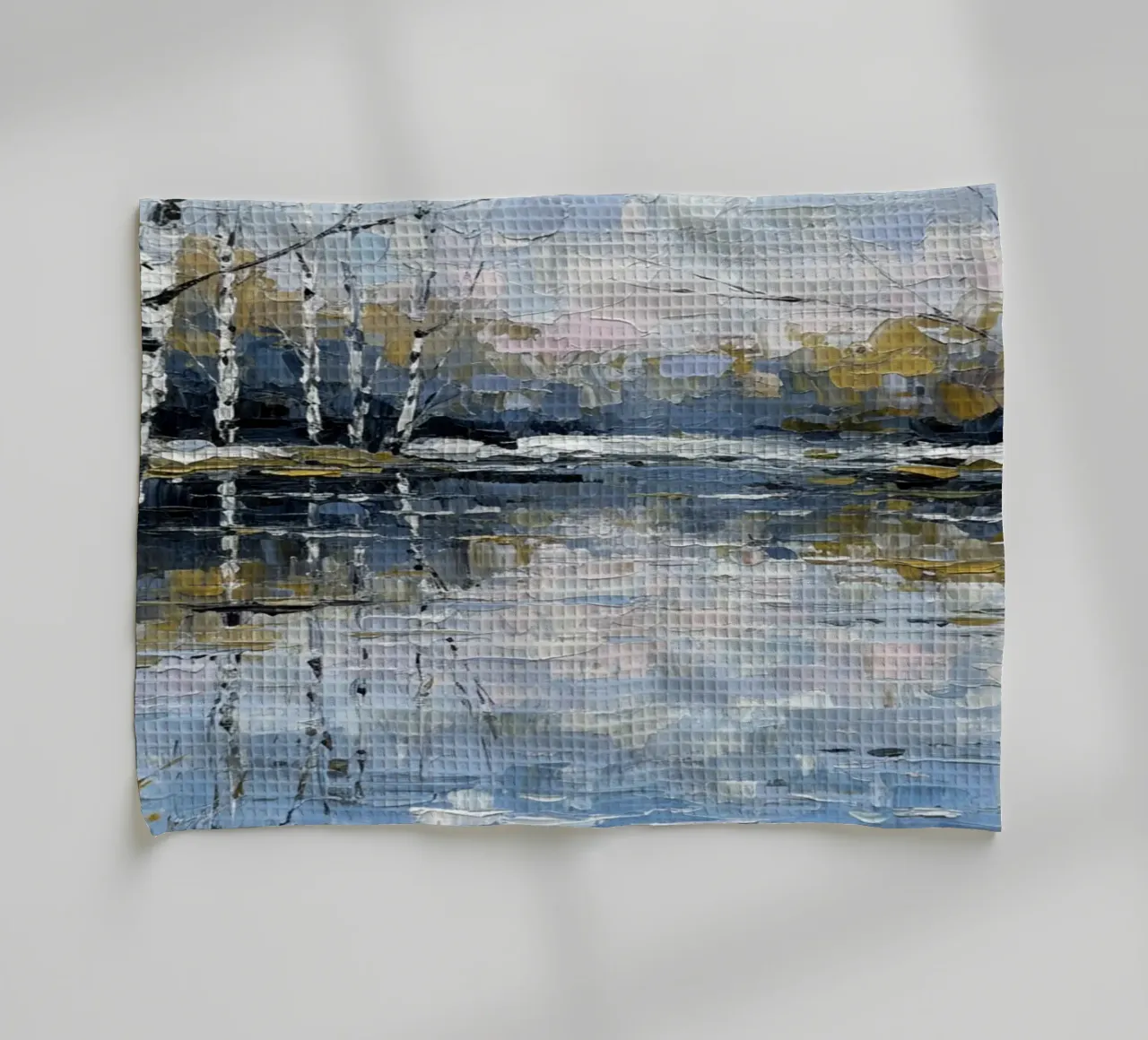 L'abbraccio dell'inverno: Un sereno bosco di betulle riflesso canovaccio da cucina da Artistic-shop