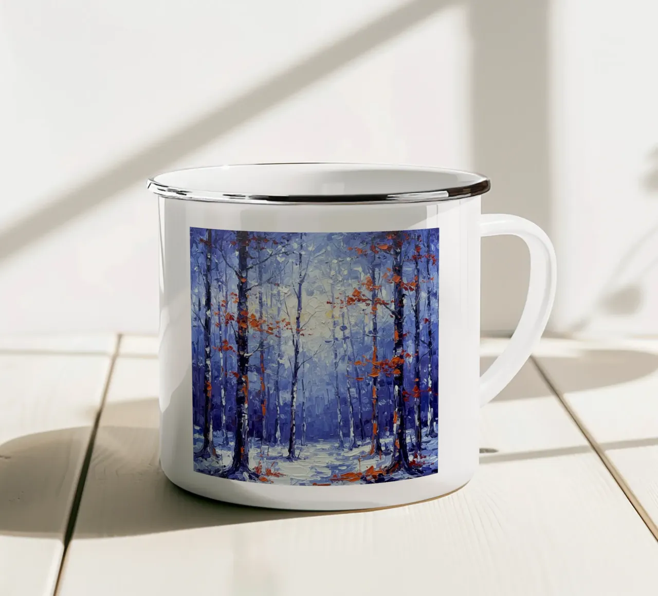 Sussurri cremisi in un bosco d'inverno tazza in smalto da Artistic-shop