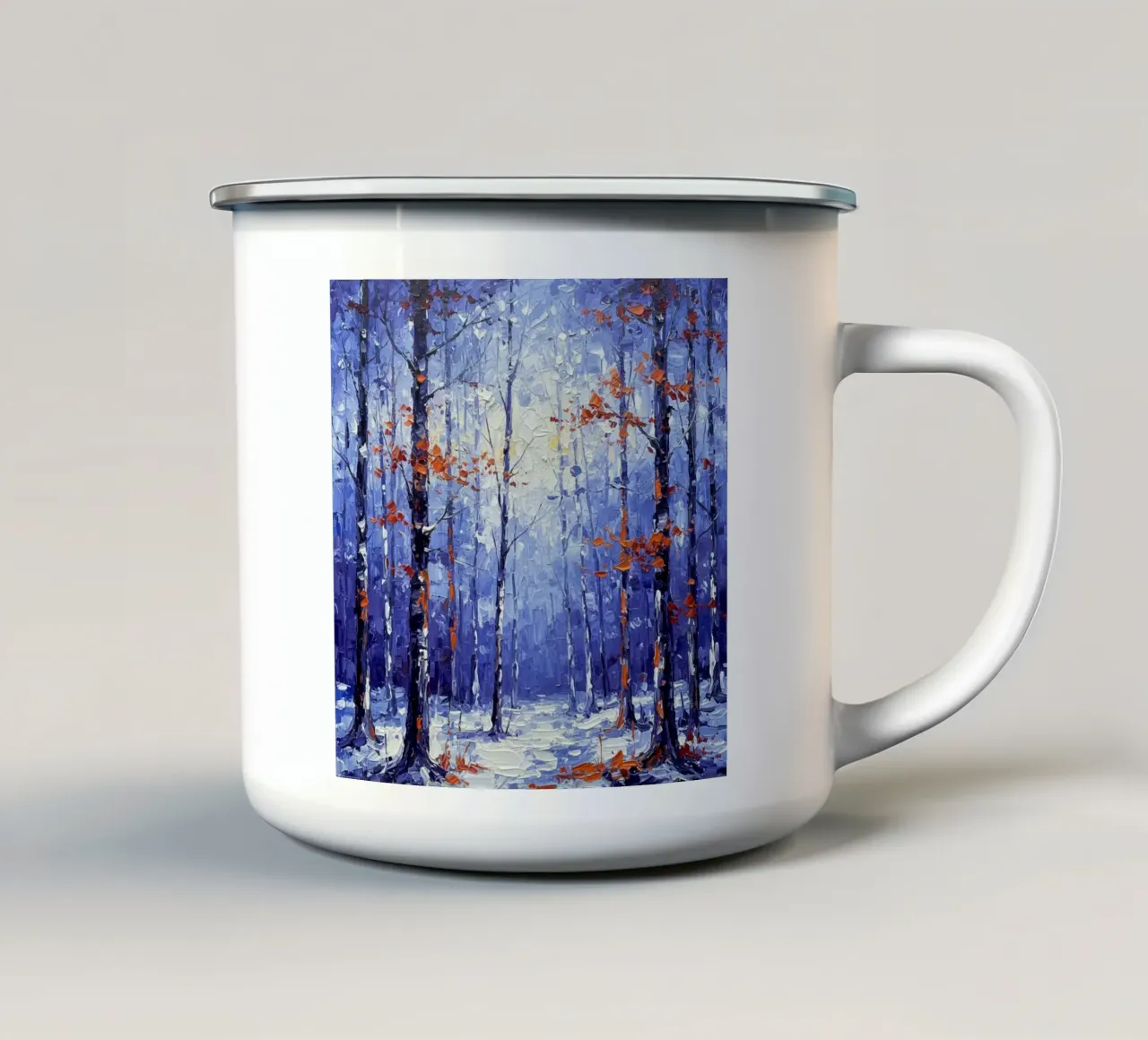 Sussurri cremisi in un bosco d'inverno tazza in smalto da Artistic-shop