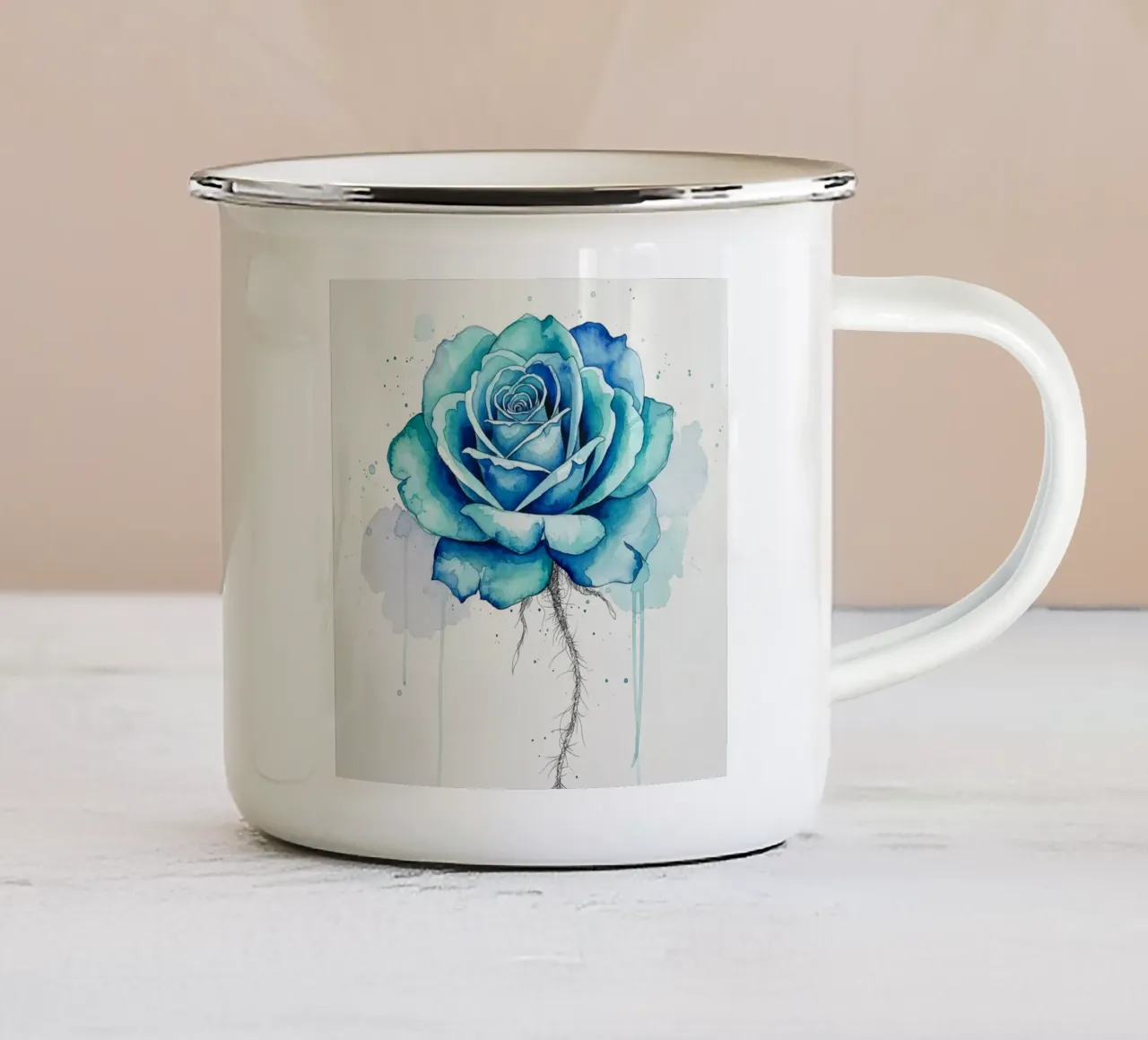 Pittura ad acquerello con rose blu acqua incantate tazza in smalto da Artistic-shop