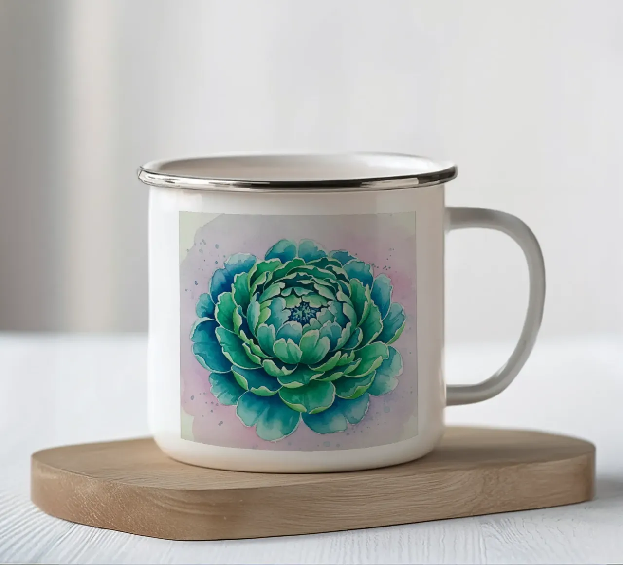 Incantevole Peonia acquerellata verde acqua e smeraldo: tazza in smalto da Artistic-shop
