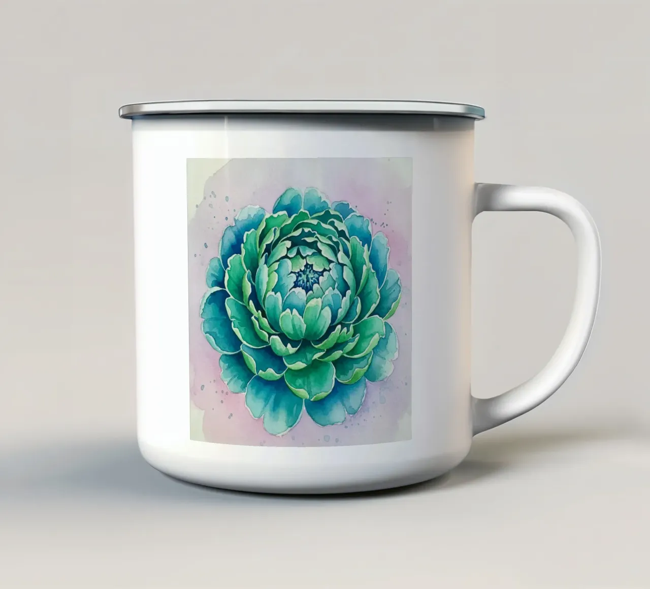 Incantevole Peonia acquerellata verde acqua e smeraldo: tazza in smalto da Artistic-shop