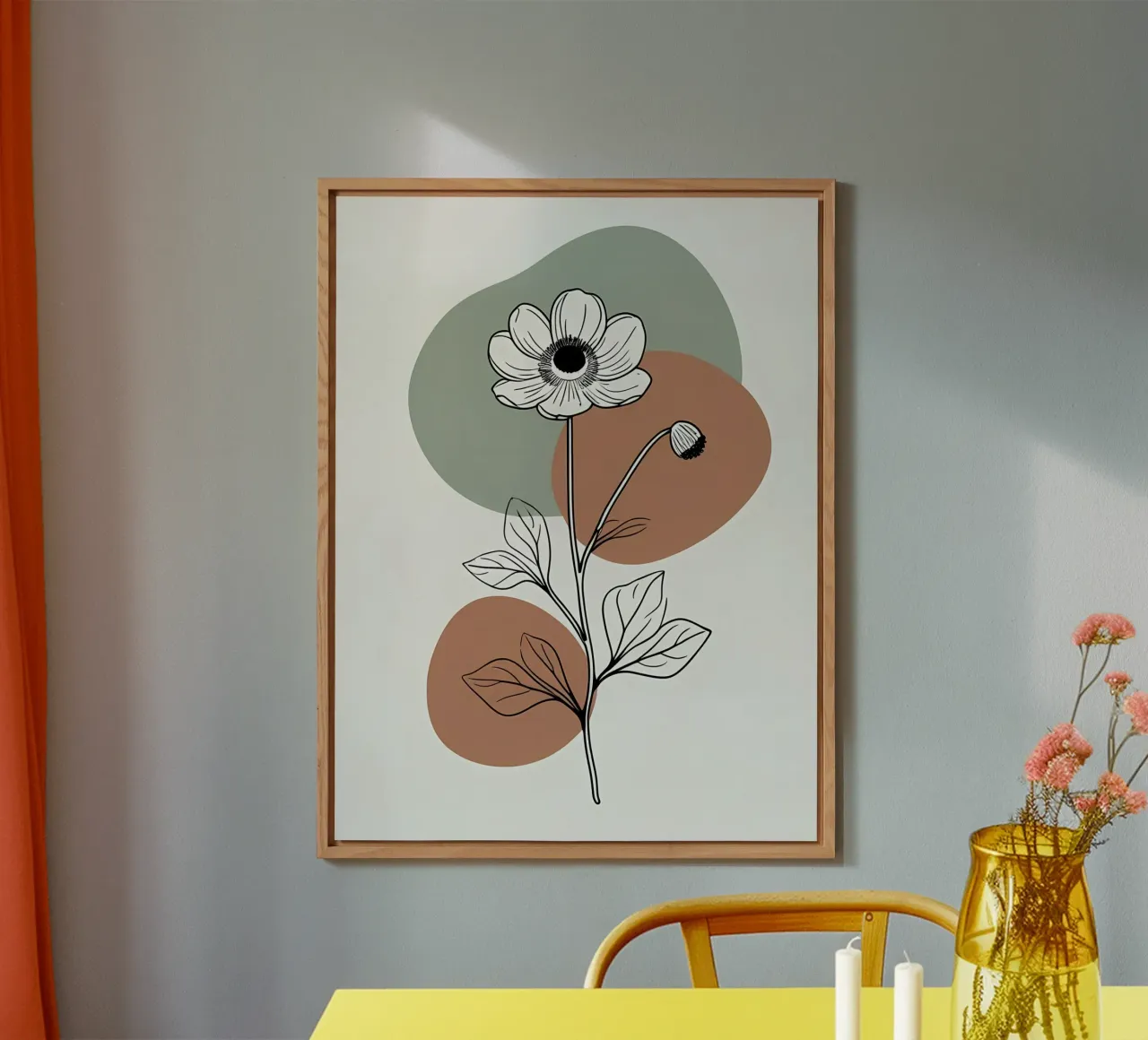 Line art minimalista di un singolo fiore di anemone alluminio dibond da Bloom And Brush