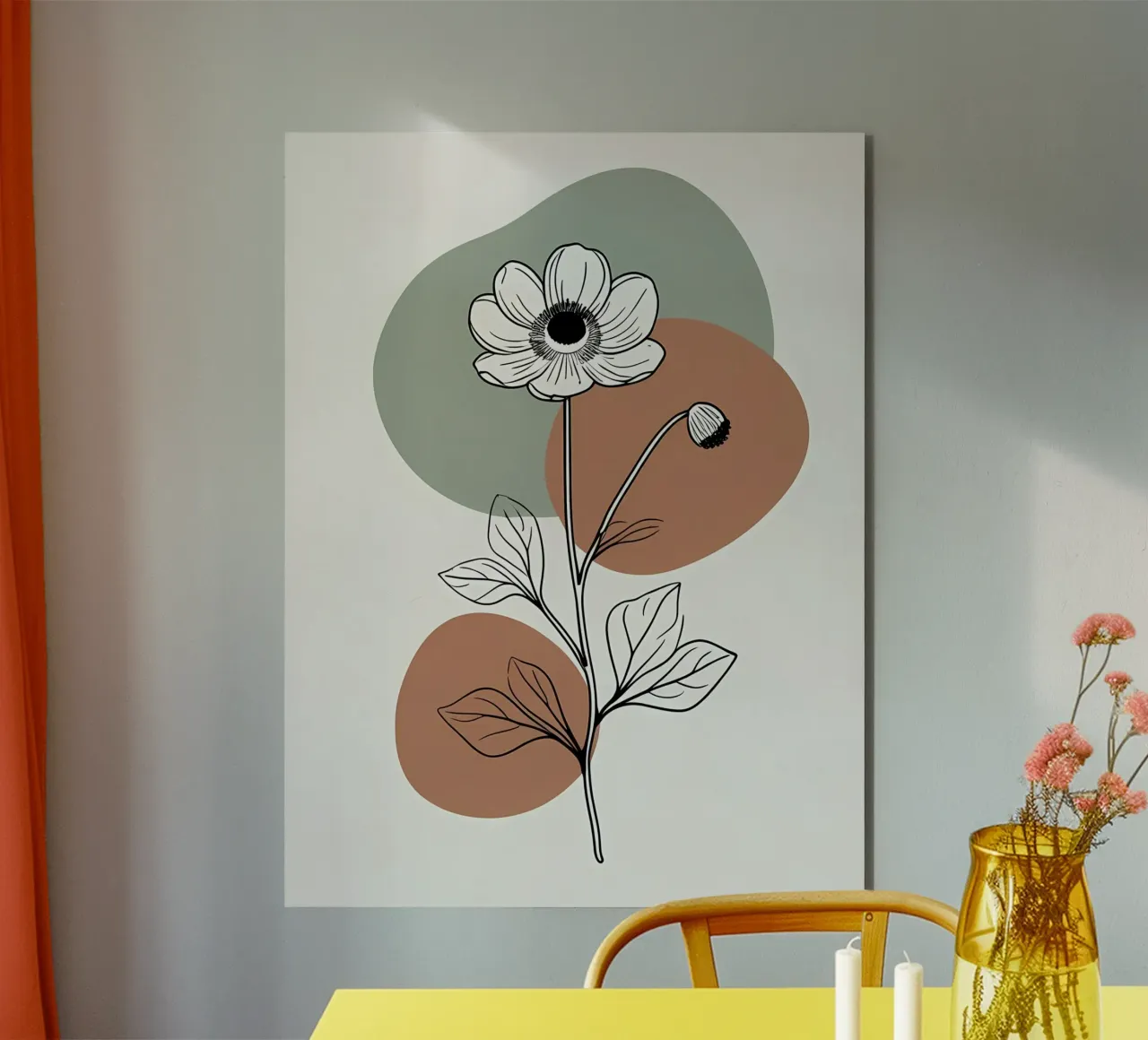 Line art minimalista di un singolo fiore di anemone alluminio dibond da Bloom And Brush