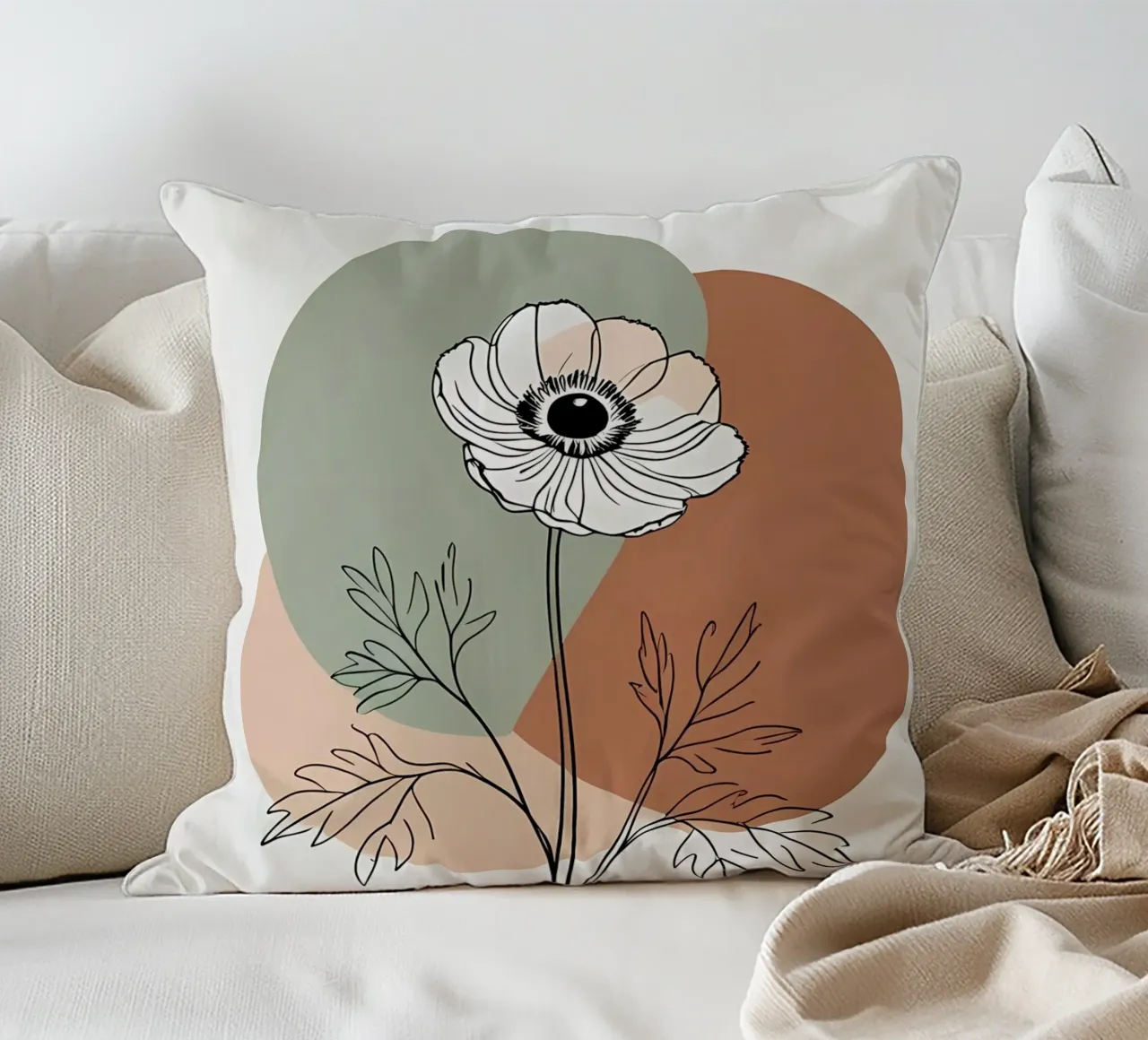 Line art minimalista di un singolo fiore di anemone cuscino da Bloom And Brush