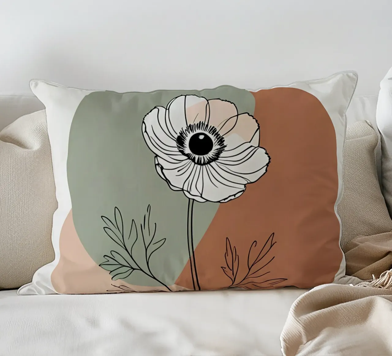 Line art minimalista di un singolo fiore di anemone cuscino da Bloom And Brush