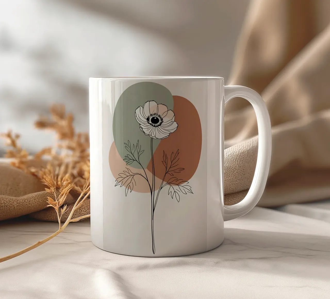 Dessin au trait minimaliste d'une simple fleur d'anémone mug en céramique de Bloom And Brush