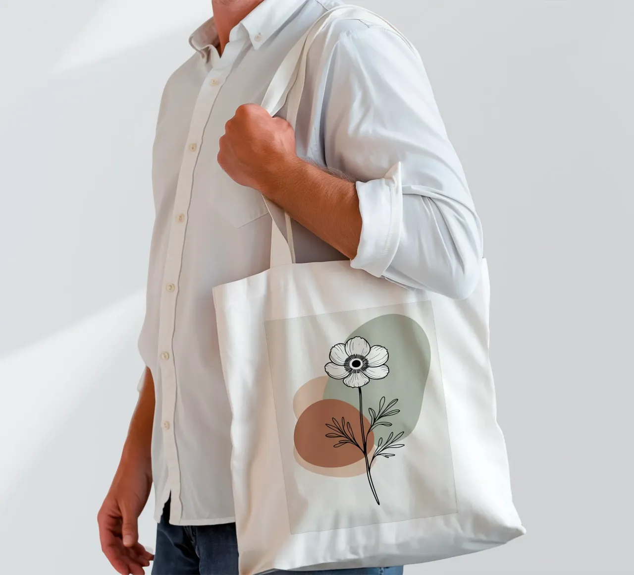Line art minimalista di un singolo fiore di anemone borsa in juta da Bloom And Brush