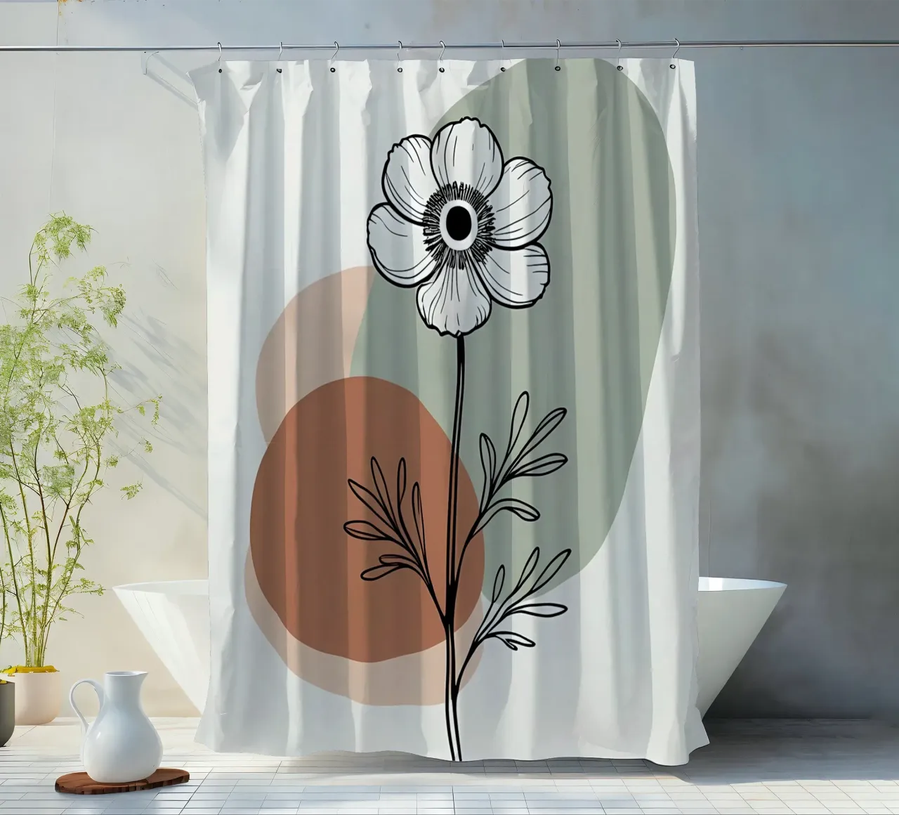 Line art minimalista di un singolo fiore di anemone tenda da doccia da Bloom And Brush