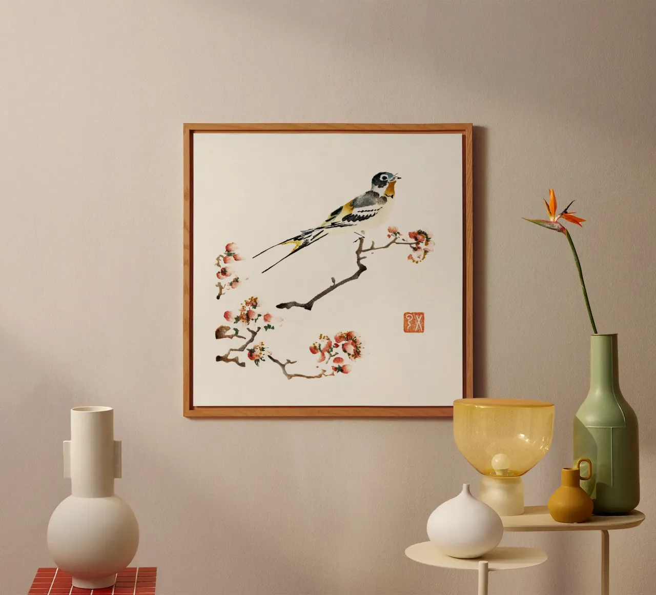 Swallow on a peach branch alluminio dibond da vintageshop