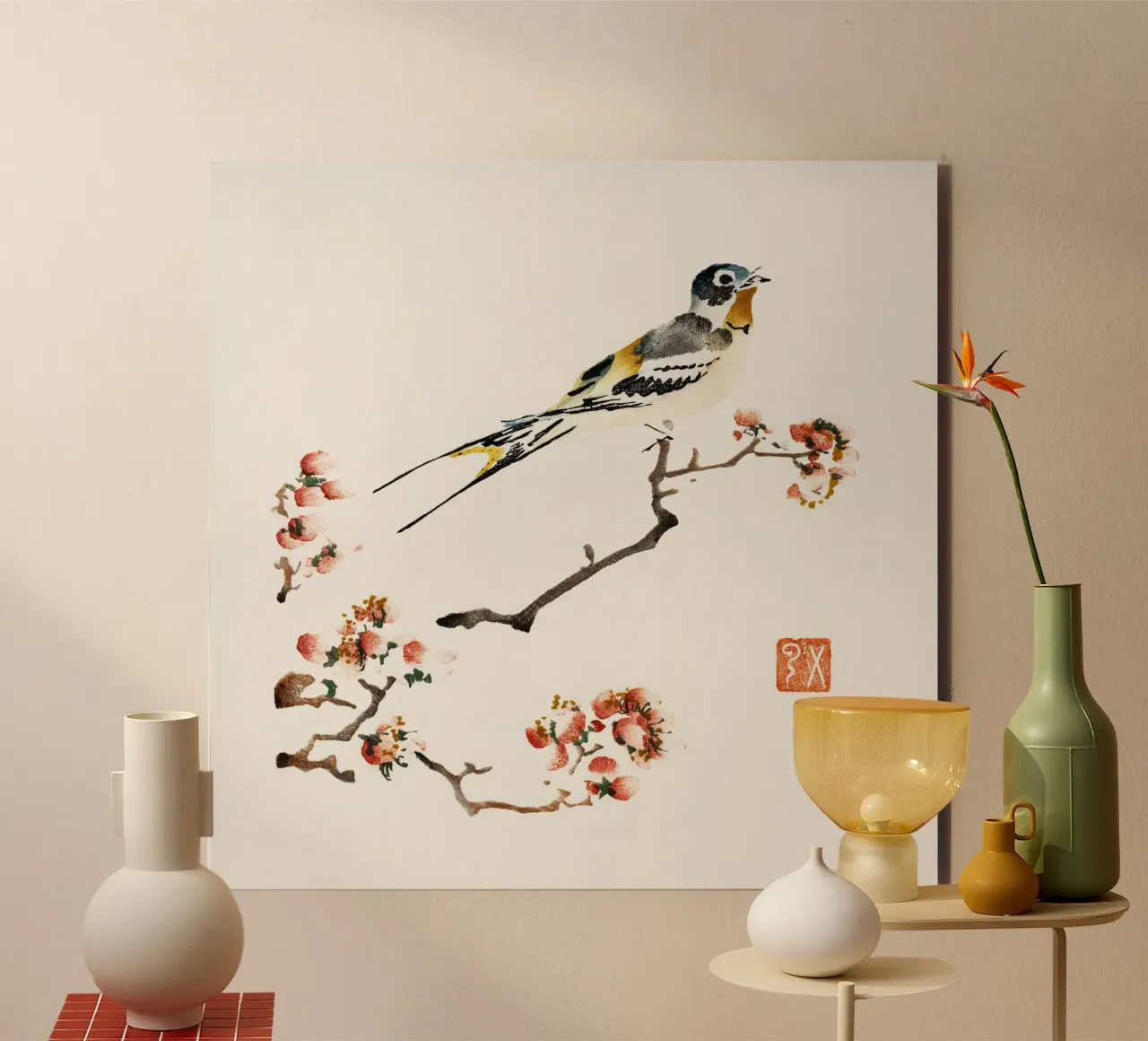 Swallow on a peach branch alluminio dibond da vintageshop