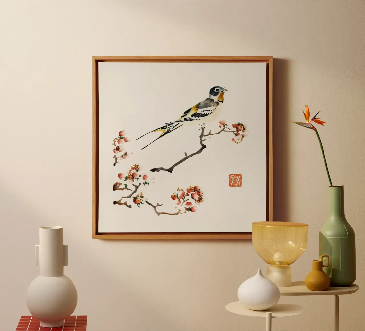 Swallow on a peach branch canvas van vintageshop