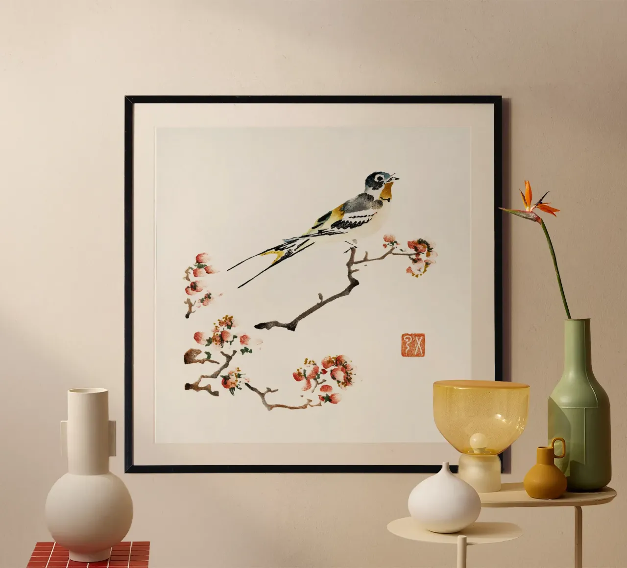 Swallow on a peach branch carta hahnemühle da vintageshop