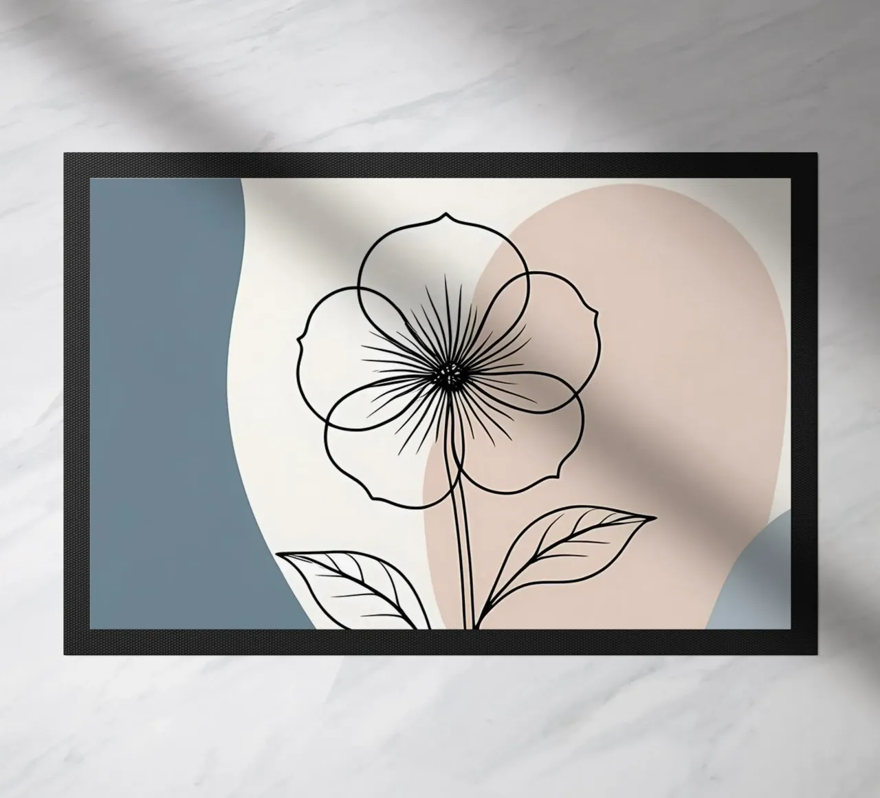 Minimalist line art of a single begonia flower doormat by Bloom And Brush