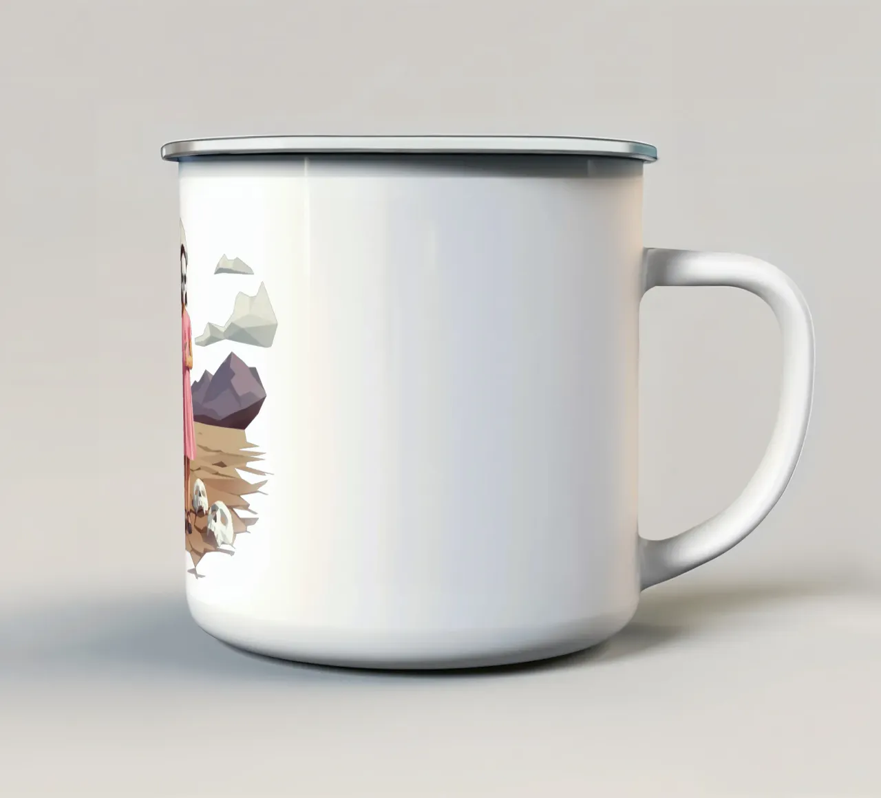 Ragazza con maschera di morte gioca da sola Lowpoly tazza in smalto da Low Profile