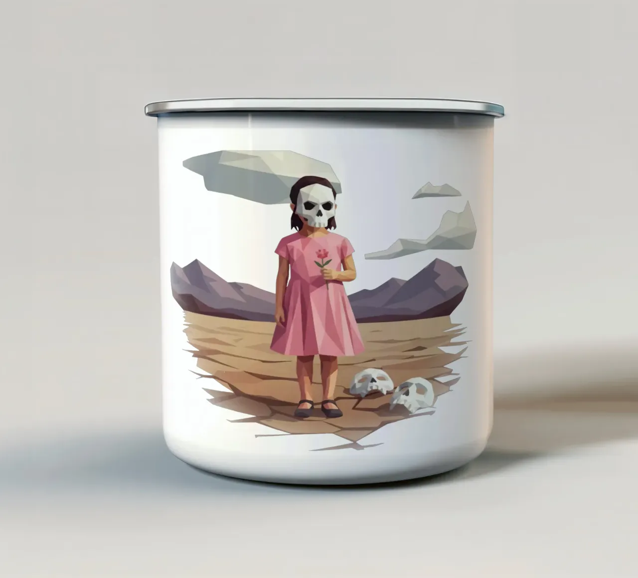 Ragazza con maschera di morte gioca da sola Lowpoly tazza in smalto da Low Profile