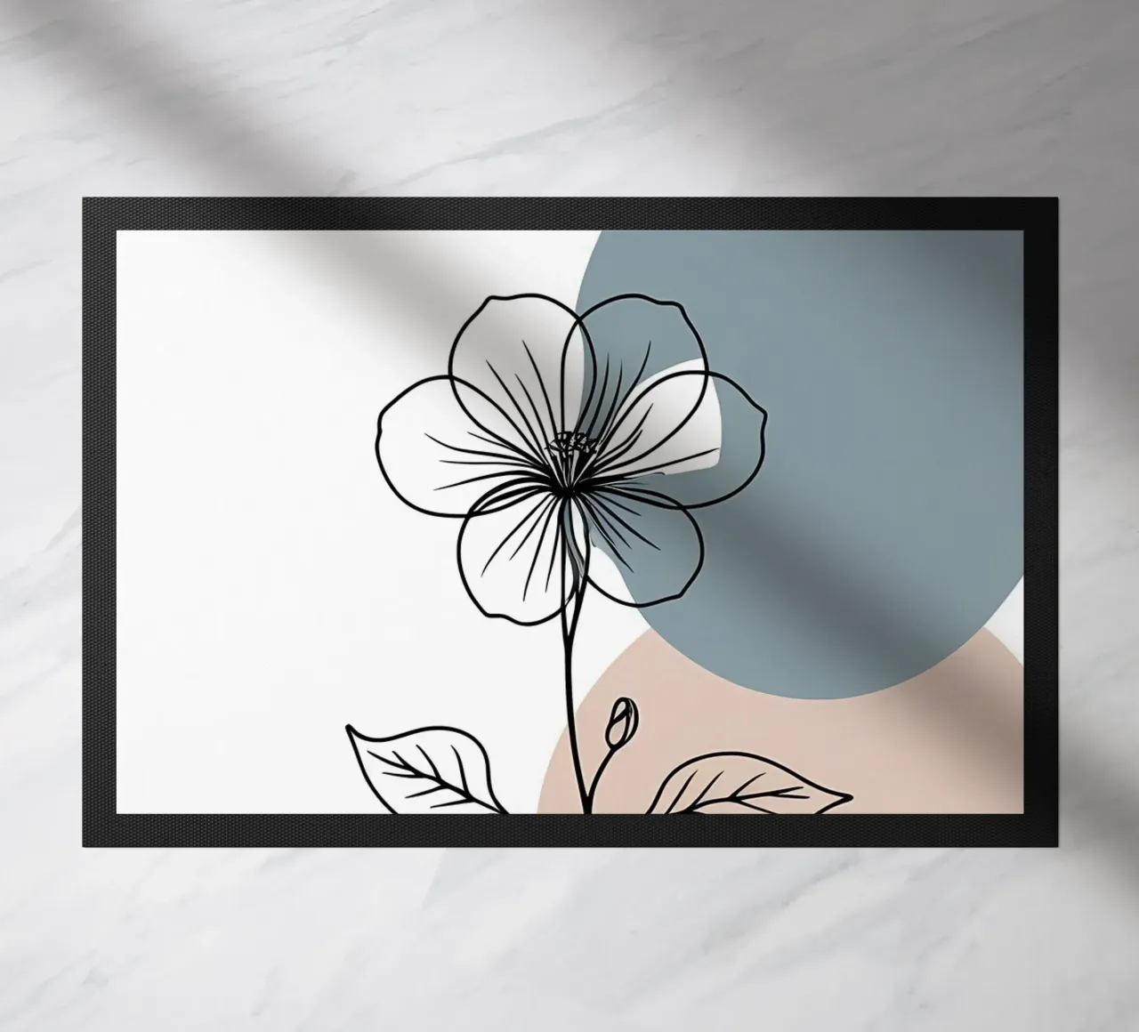 Minimalist line art of a single begonia flower doormat by Bloom And Brush