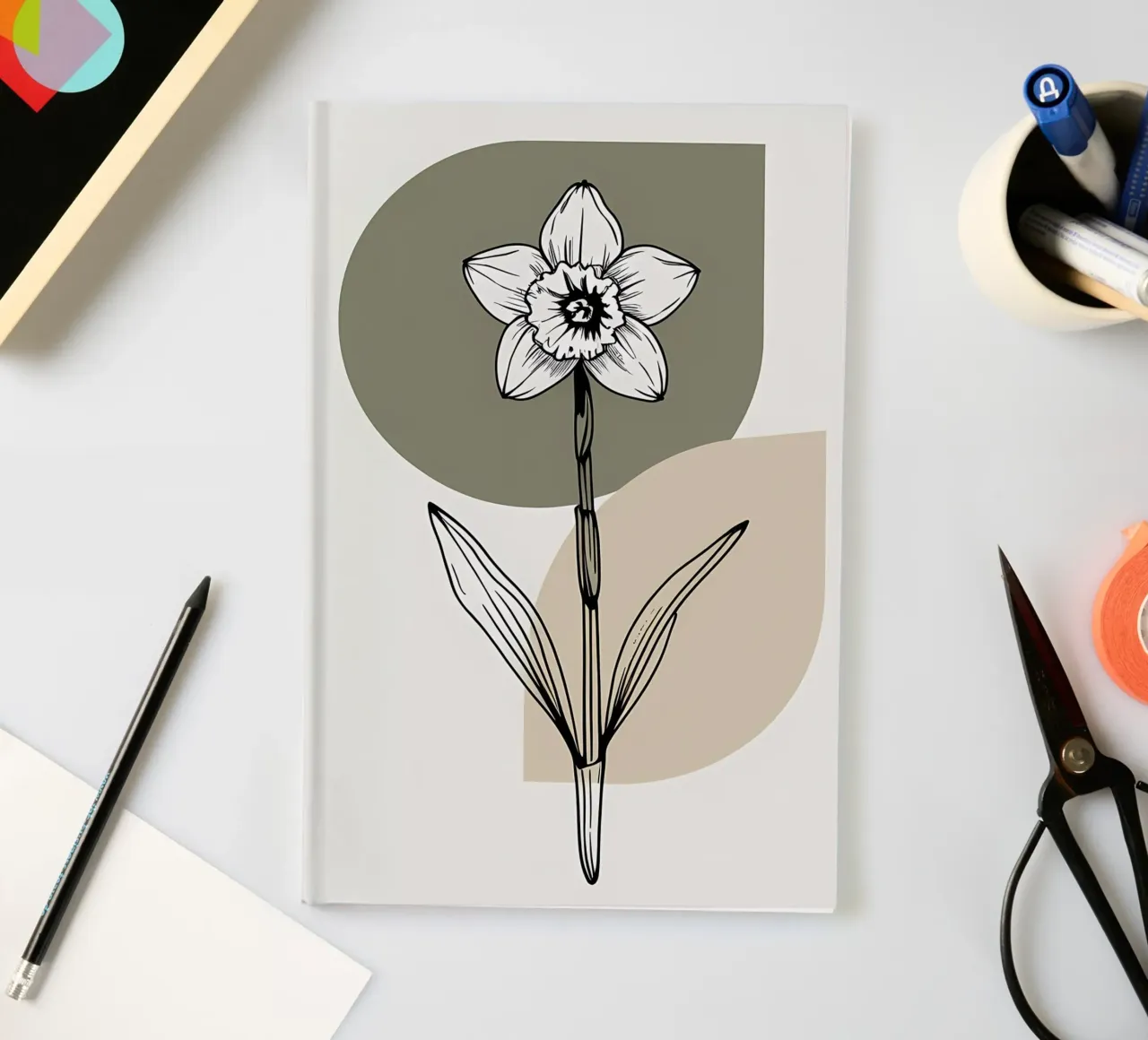 Minimalist line art of a single daffodil flower notebook by Bloom And Brush