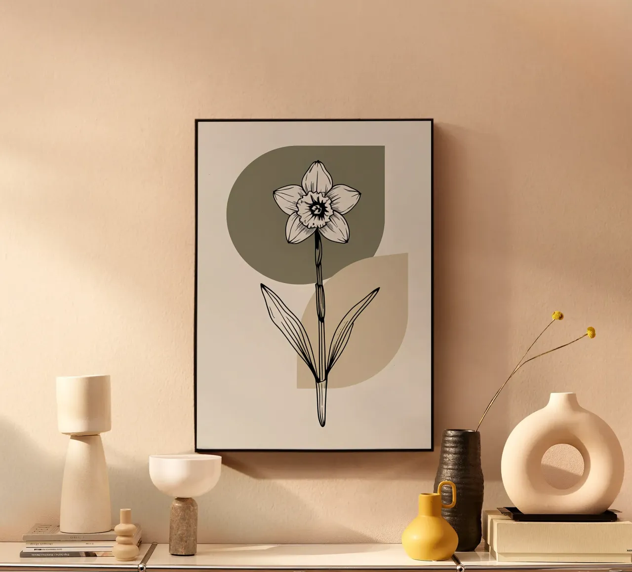 Line art minimalista di un singolo fiore di narciso plexiglass da Bloom And Brush
