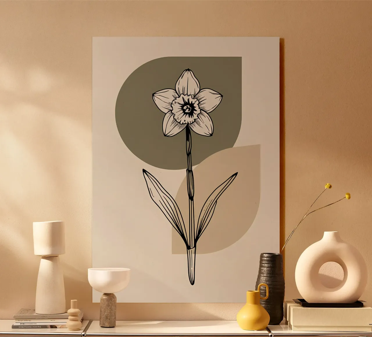 Line art minimalista di un singolo fiore di narciso plexiglass da Bloom And Brush