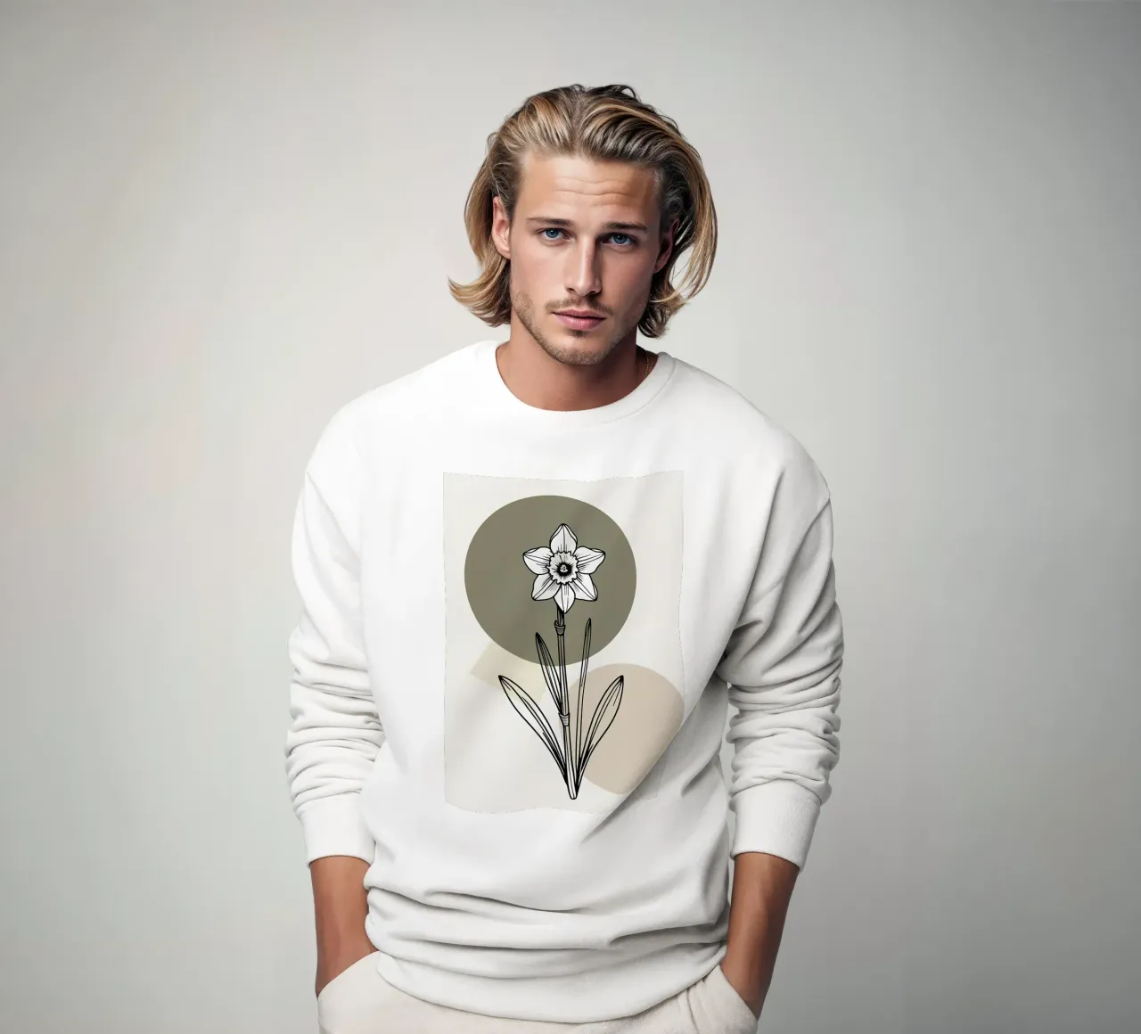 Minimalist line art of a single daffodil flower sudadera de Bloom And Brush