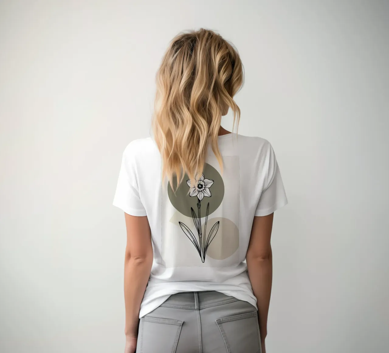 Minimalist line art of a single daffodil flower t-shirt da Bloom And Brush