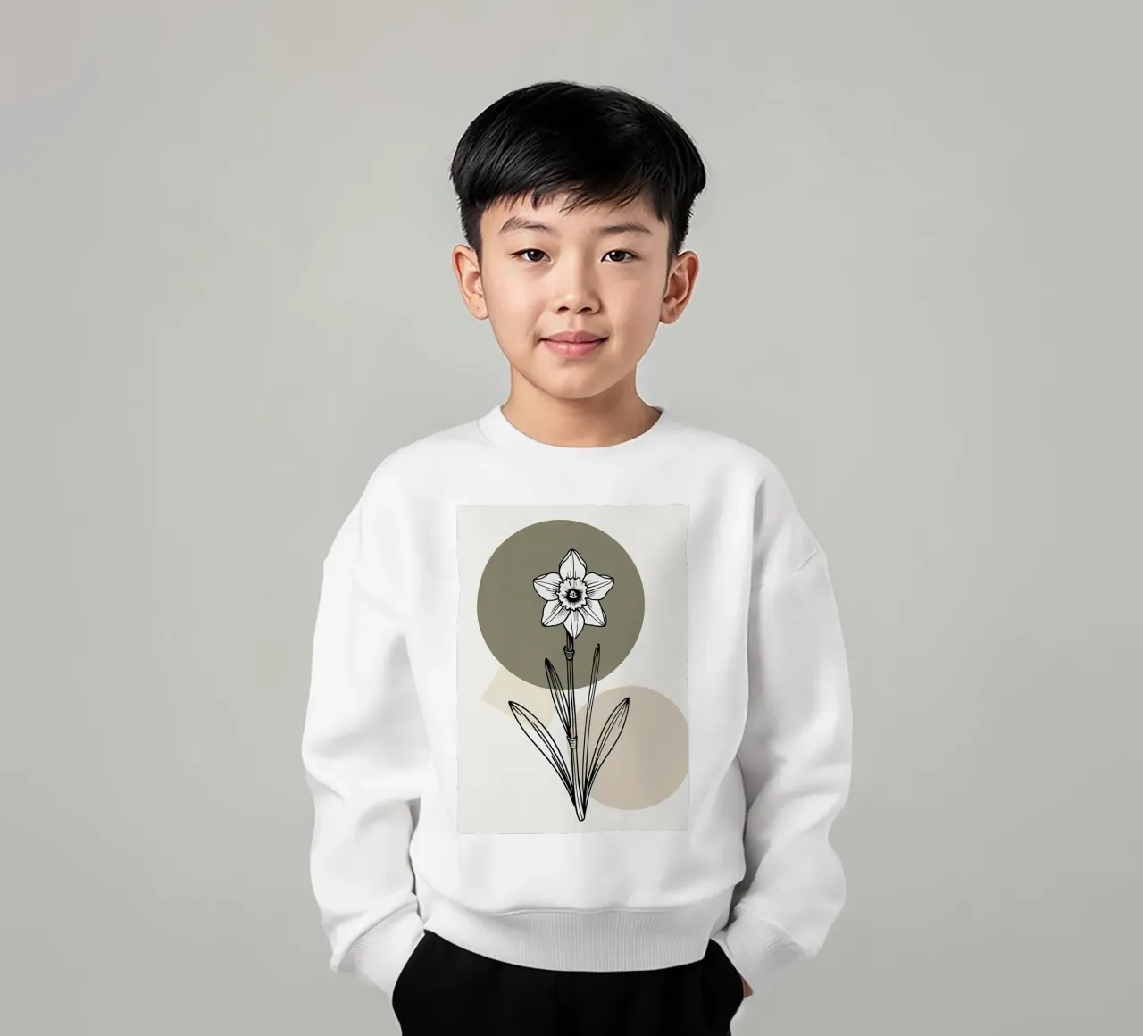 Minimalist line art of a single daffodil flower sudadera para niño de Bloom And Brush