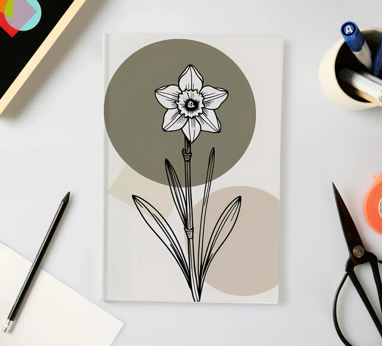 Minimalist line art of a single daffodil flower notebook by Bloom And Brush