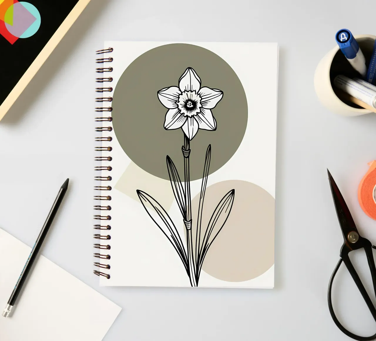 Minimalist line art of a single daffodil flower diario ad anelli da Bloom And Brush