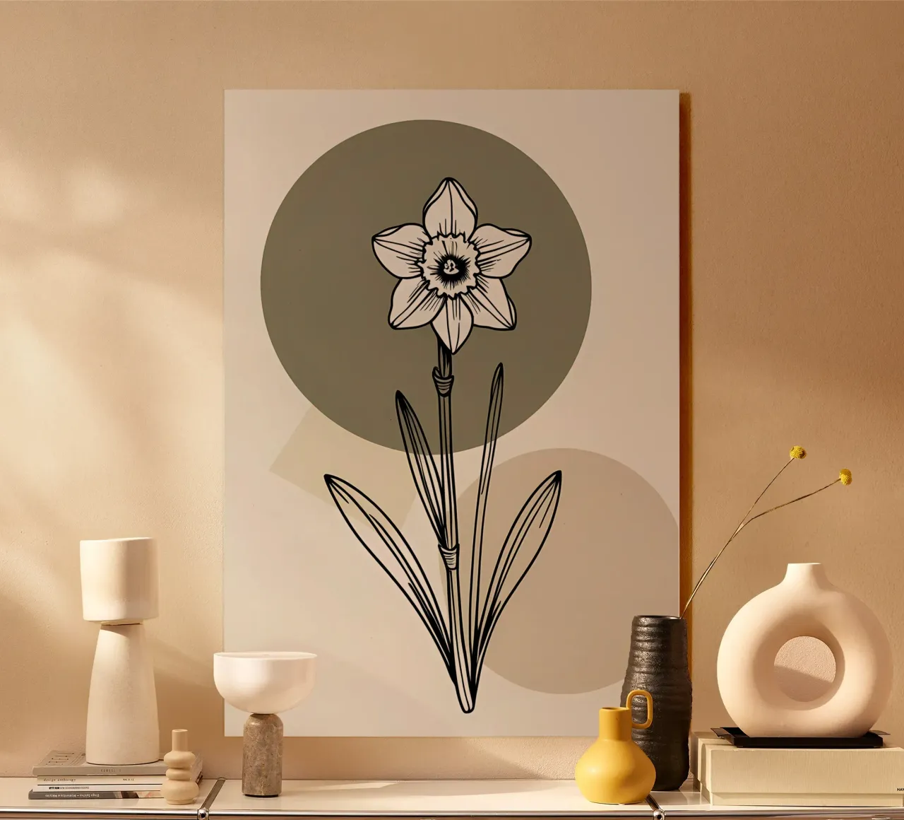 Minimalist line art of a single daffodil flower alluminio dibond da Bloom And Brush