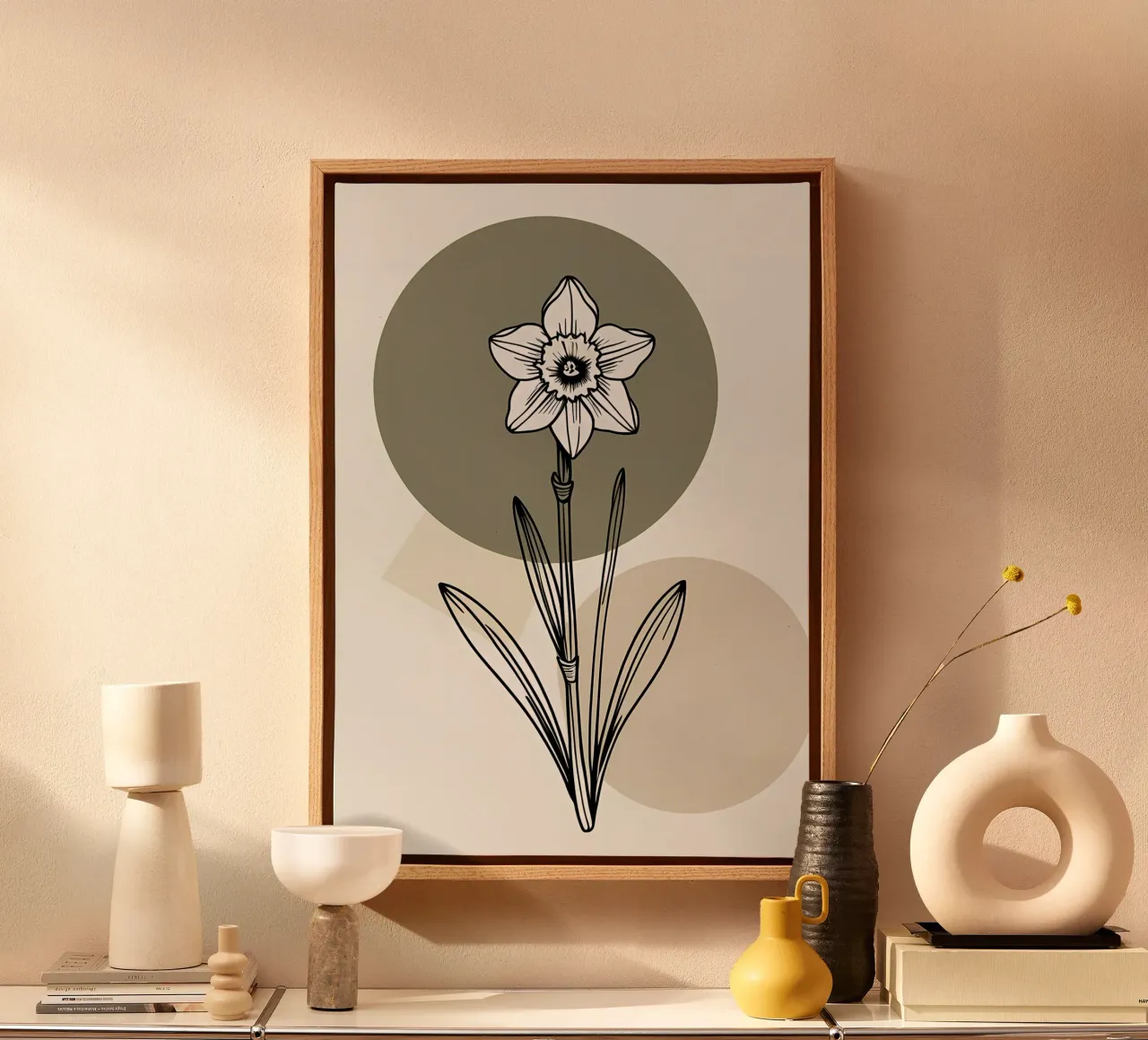 Minimalist line art of a single daffodil flower canvas van Bloom And Brush