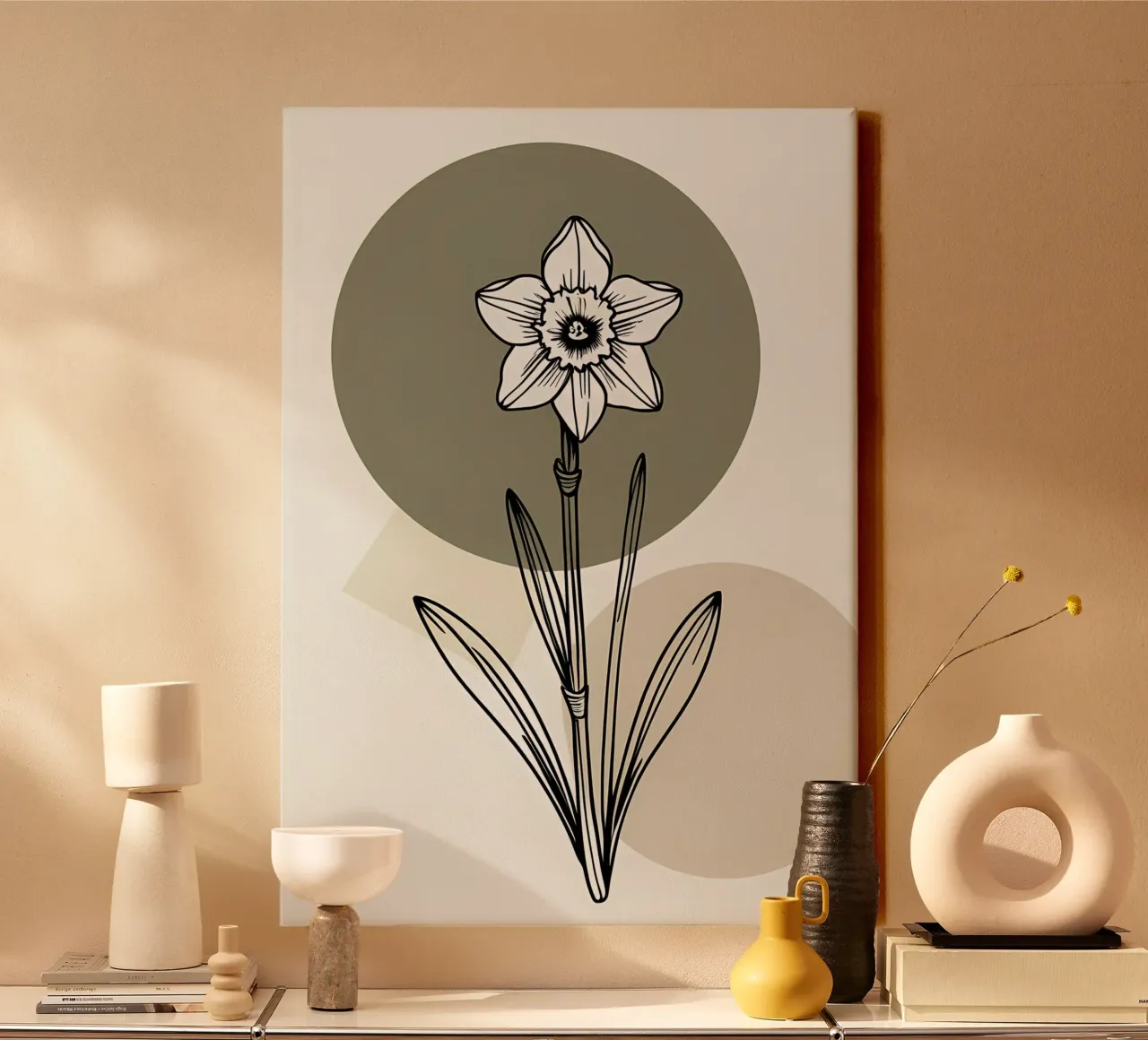 Minimalist line art of a single daffodil flower canvas van Bloom And Brush