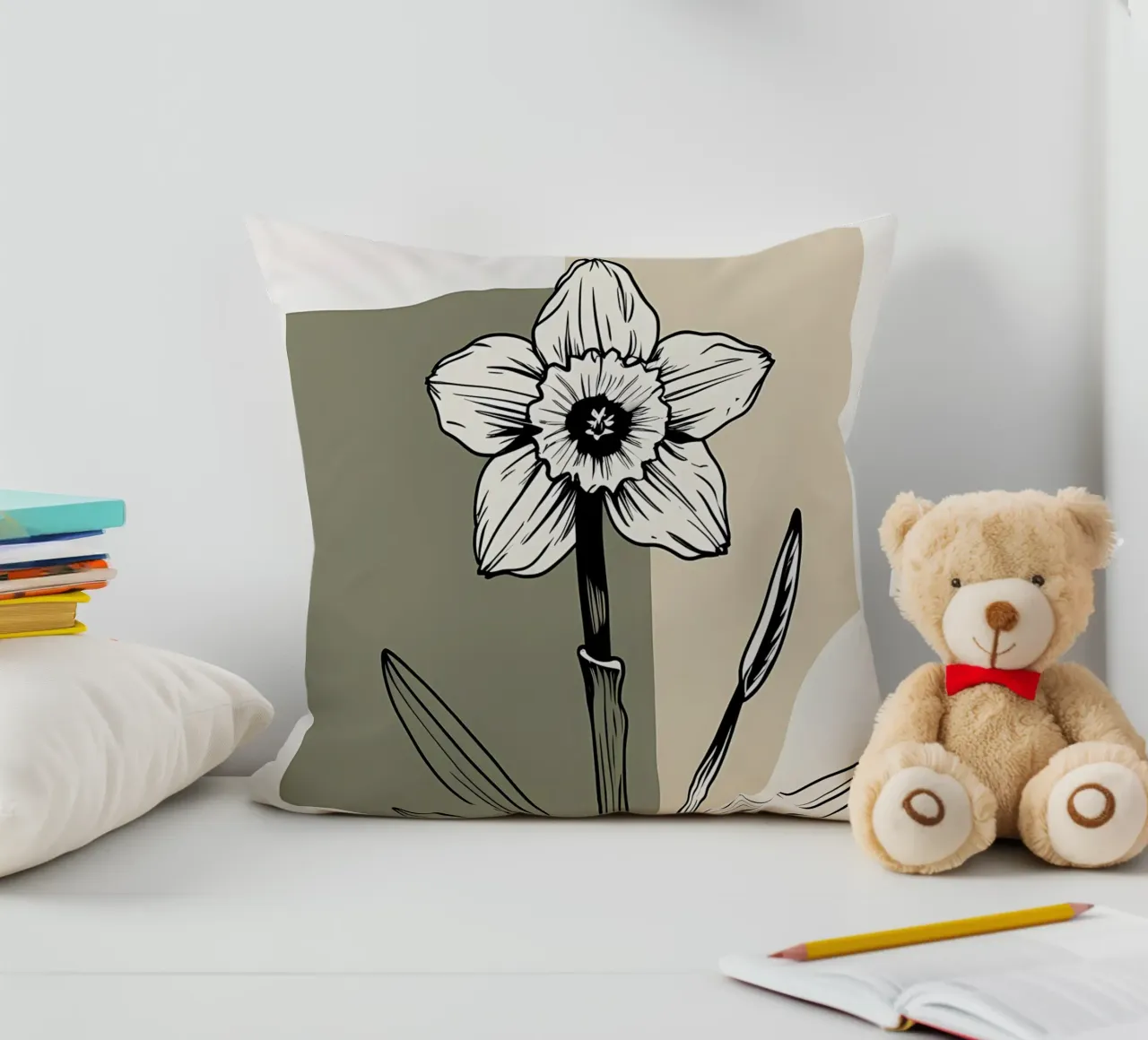 Line art minimalista di un singolo fiore di narciso cuscino da Bloom And Brush