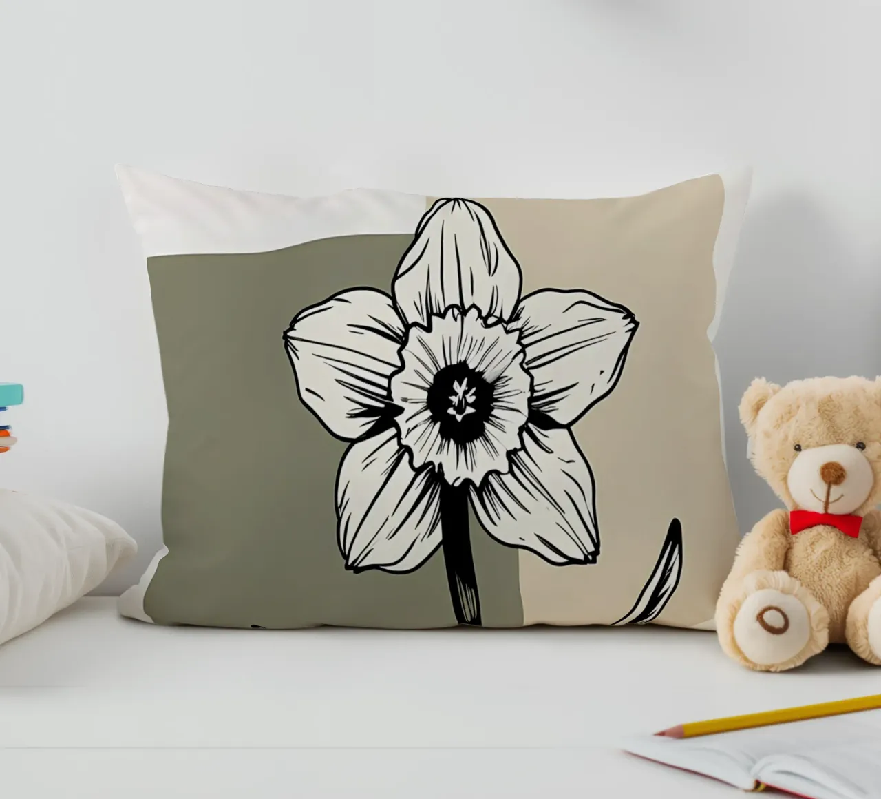 Line art minimalista di un singolo fiore di narciso cuscino da Bloom And Brush