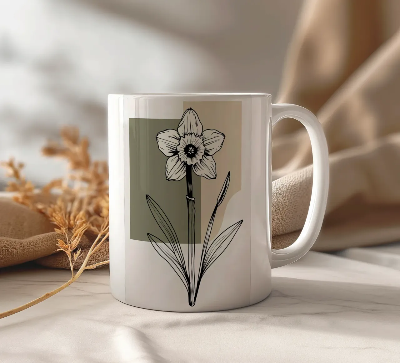 Line art minimalista di un singolo fiore di narciso tazza in ceramica da Bloom And Brush