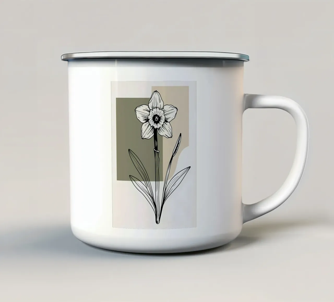 Line art minimalista di un singolo fiore di narciso tazza in smalto da Bloom And Brush