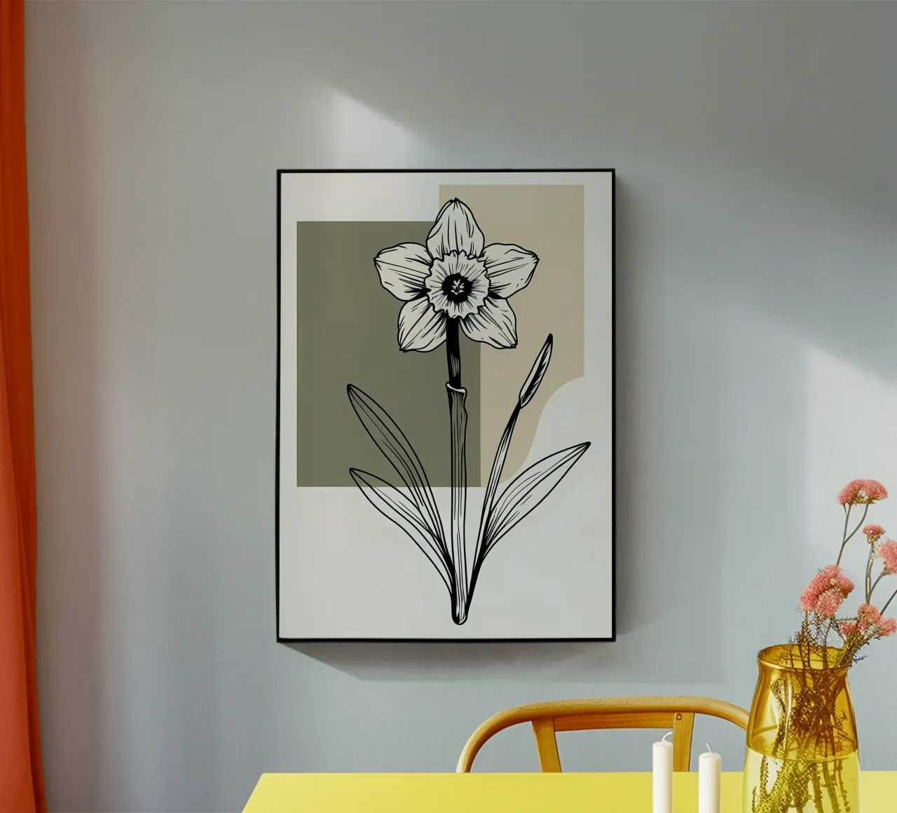 Line art minimalista di un singolo fiore di narciso plexiglass da Bloom And Brush