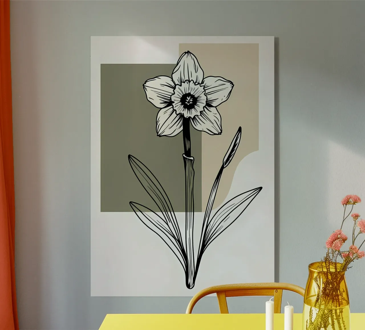 Line art minimalista di un singolo fiore di narciso plexiglass da Bloom And Brush
