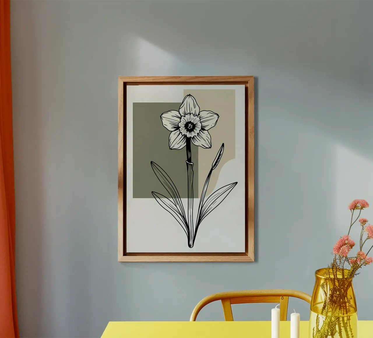 Line art minimalista di un singolo fiore di narciso alluminio dibond da Bloom And Brush
