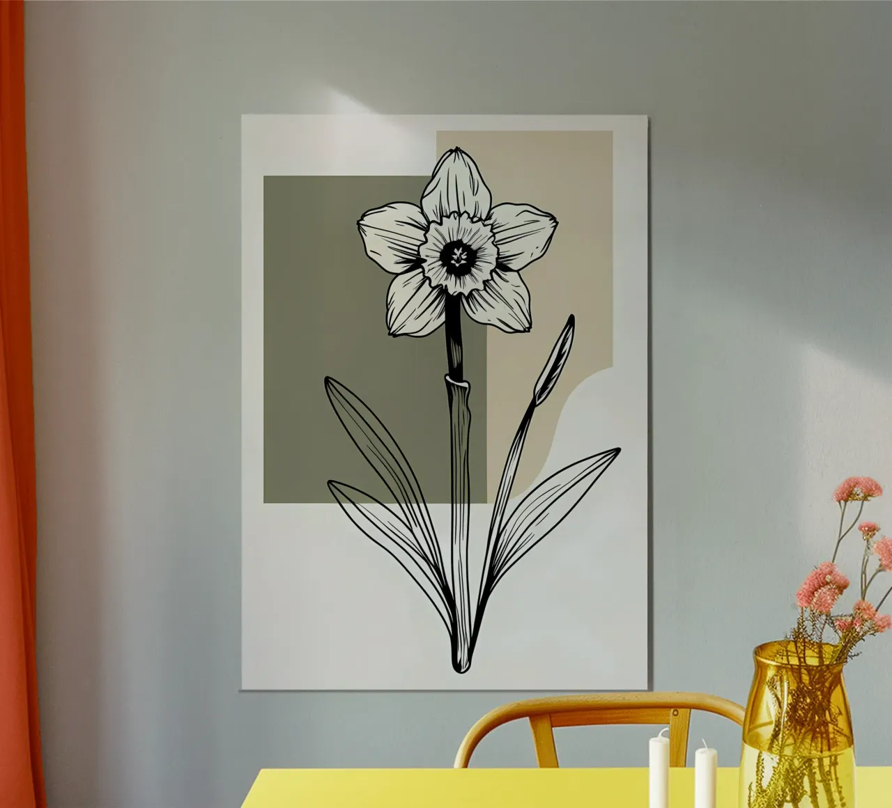 Line art minimalista di un singolo fiore di narciso alluminio dibond da Bloom And Brush