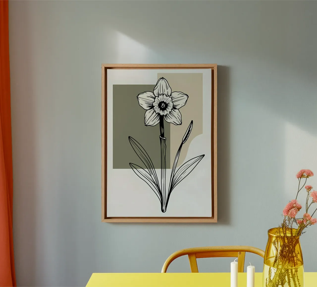 Minimalist line art of a single daffodil flower canvas by Bloom And Brush