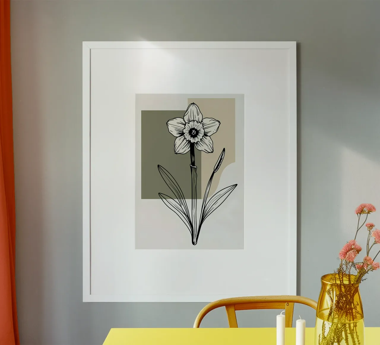 Line art minimalista di un singolo fiore di narciso carta hahnemühle da Bloom And Brush