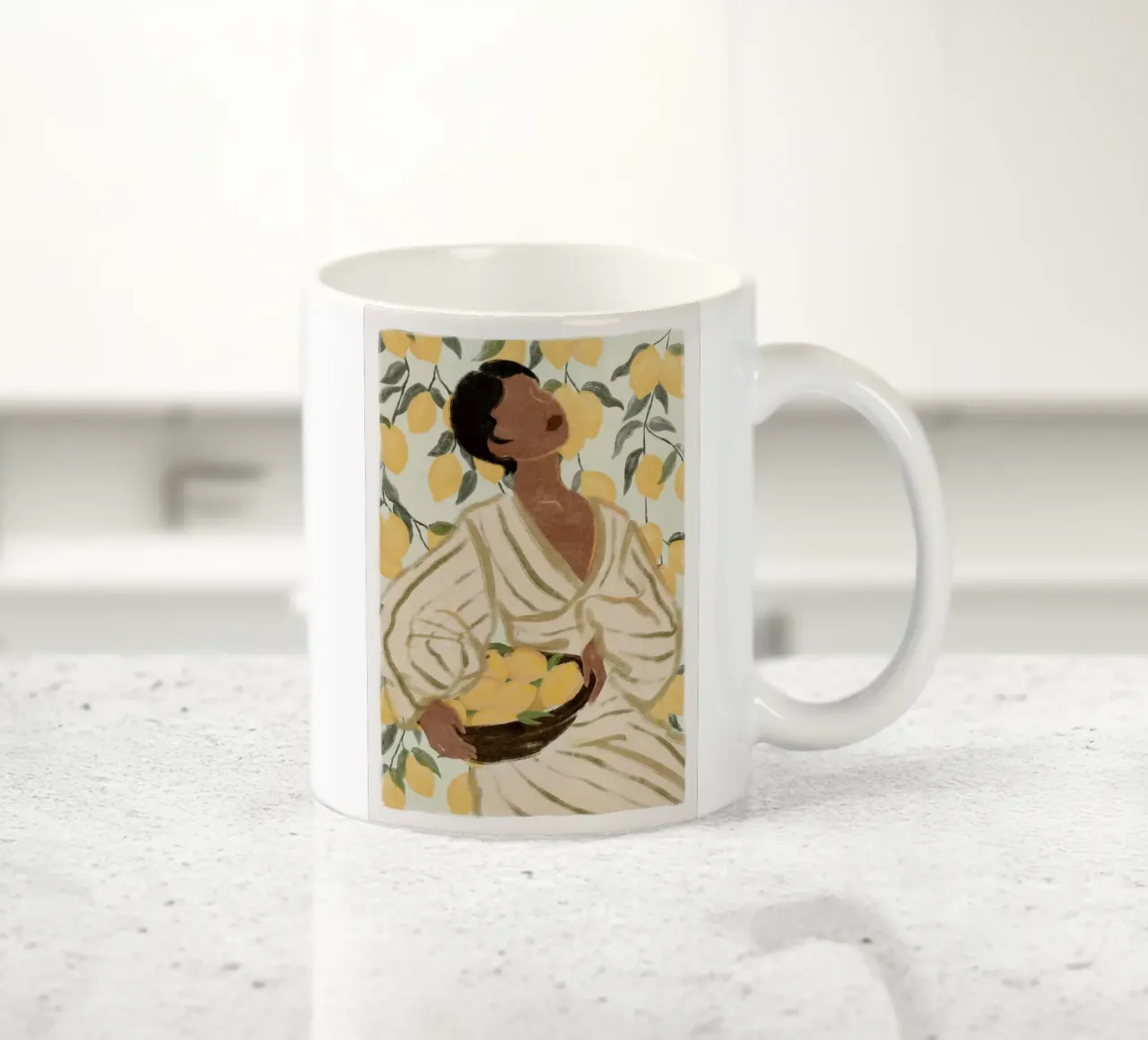 Poster Donna in giardino di agrumi tazza in ceramica da Lonnieprints