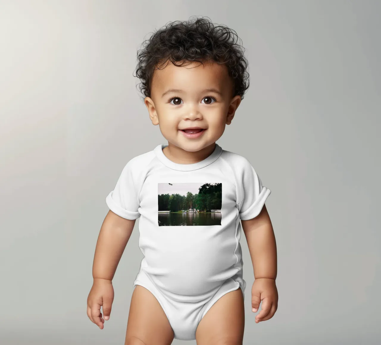 The house by the lake in the forest | A day in autumn | Real photo short-sleeve baby romper by Bold and Retro