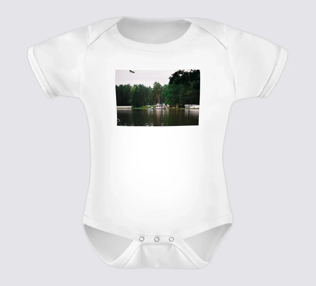 The house by the lake in the forest | A day in autumn | Real photo short-sleeve baby romper by Bold and Retro