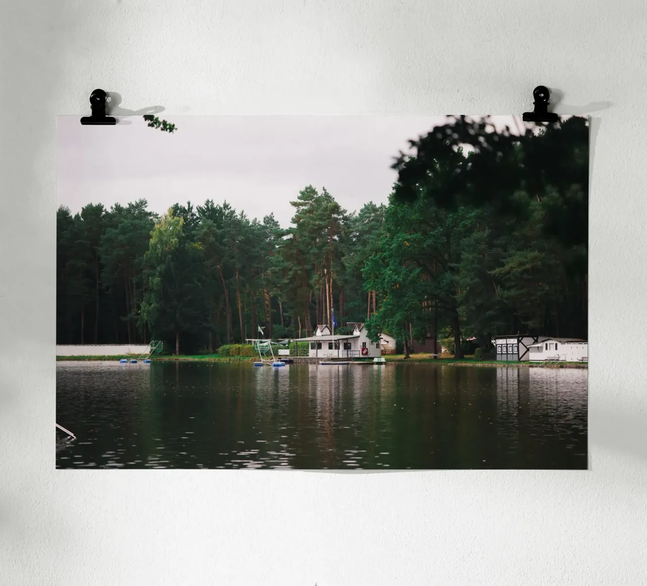 The house by the lake in the forest | A day in autumn | Real photo hahnemühle by Bold and Retro